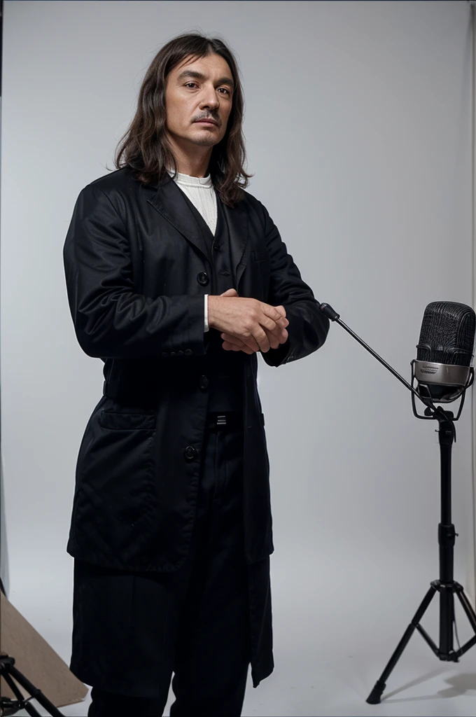 Draw me René Descartes standing in a studio with a white background and a microphone in front of him as if he is recording a song. I want him to show his head and legs completely.