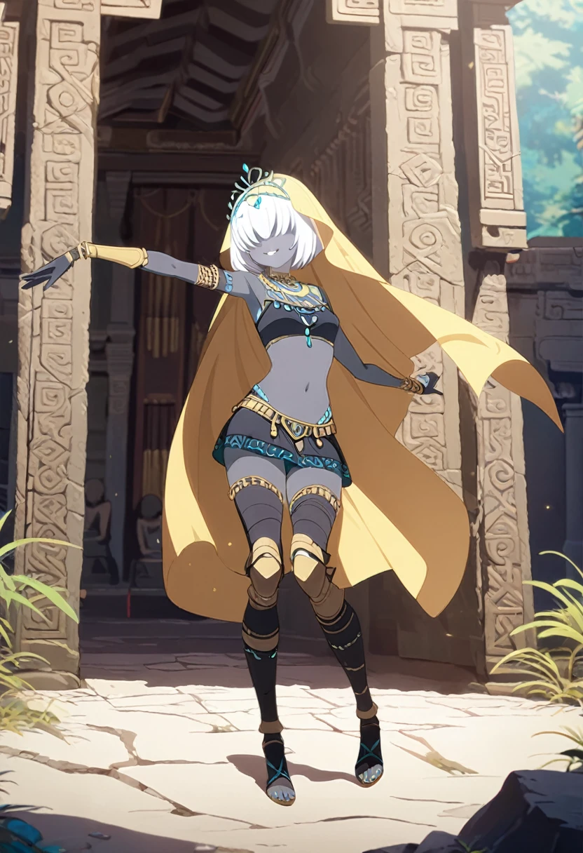 1girl, gold rings, jewelry, necklacke, white hair, very short hair, hair over eyes, grey skin, aqua eyes, black tribal clothing, sleeveless, navel, yellow veil around the arms, turquoise tiara, tribal tiara, smile, ancient temple, prosthetic legs, (masterpiece), best quality, anime style, fullbody