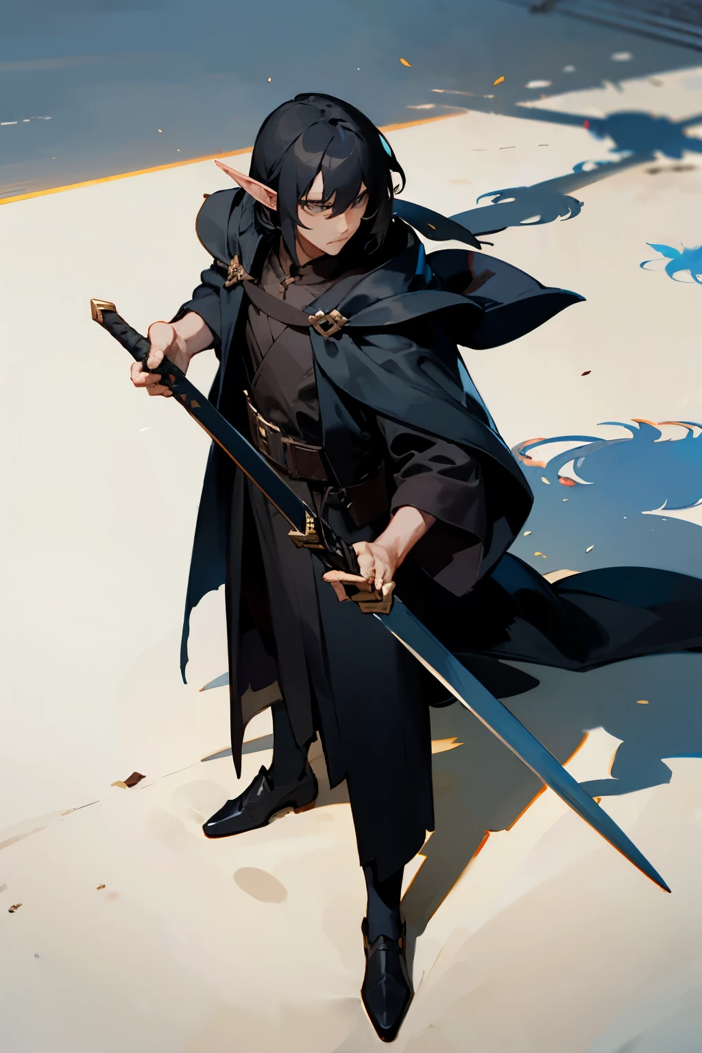 Black hair noble high men elf warlock equip shadow sword and dark robe