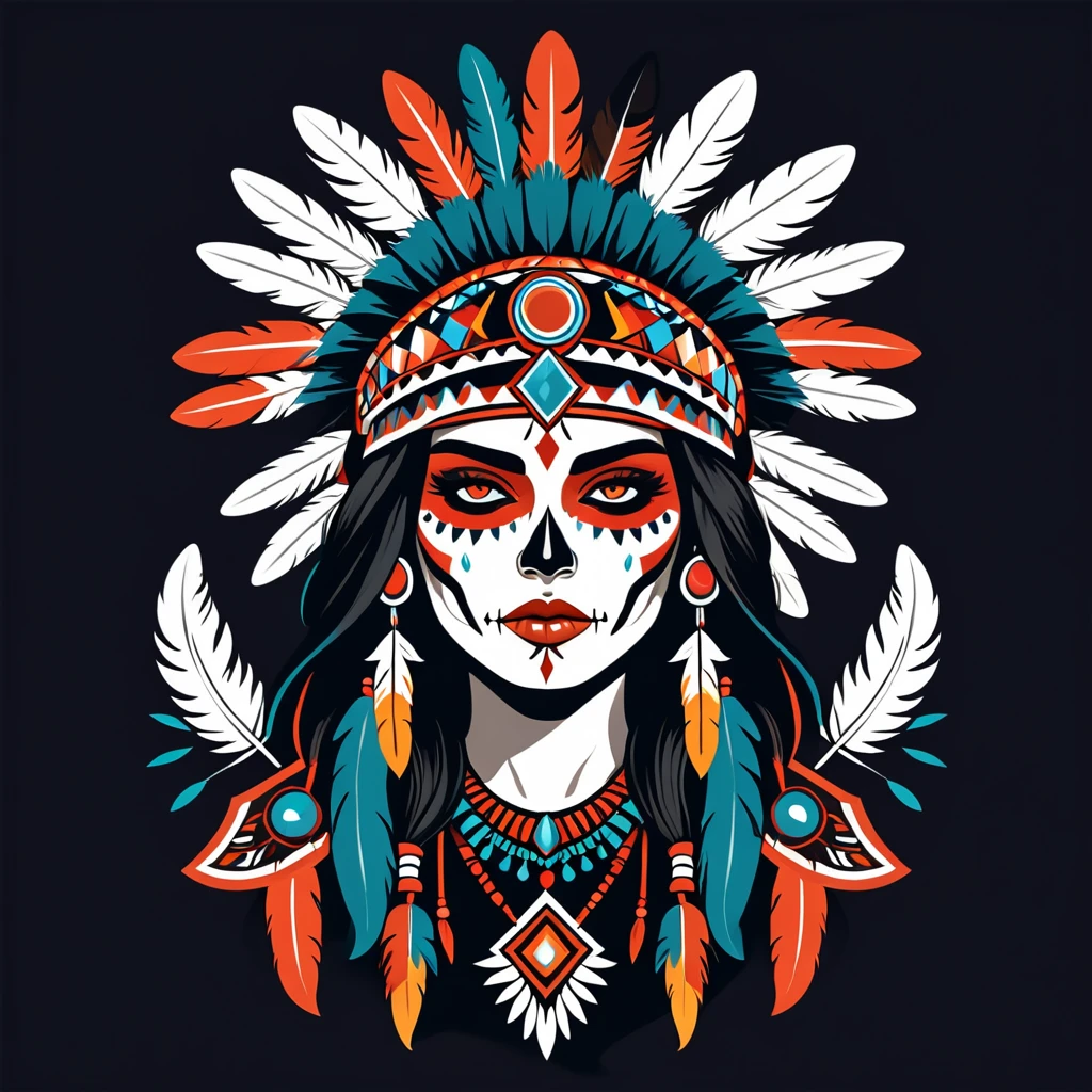 female necromancer in indian folk outfit, vector graphics, strong contours, logo design