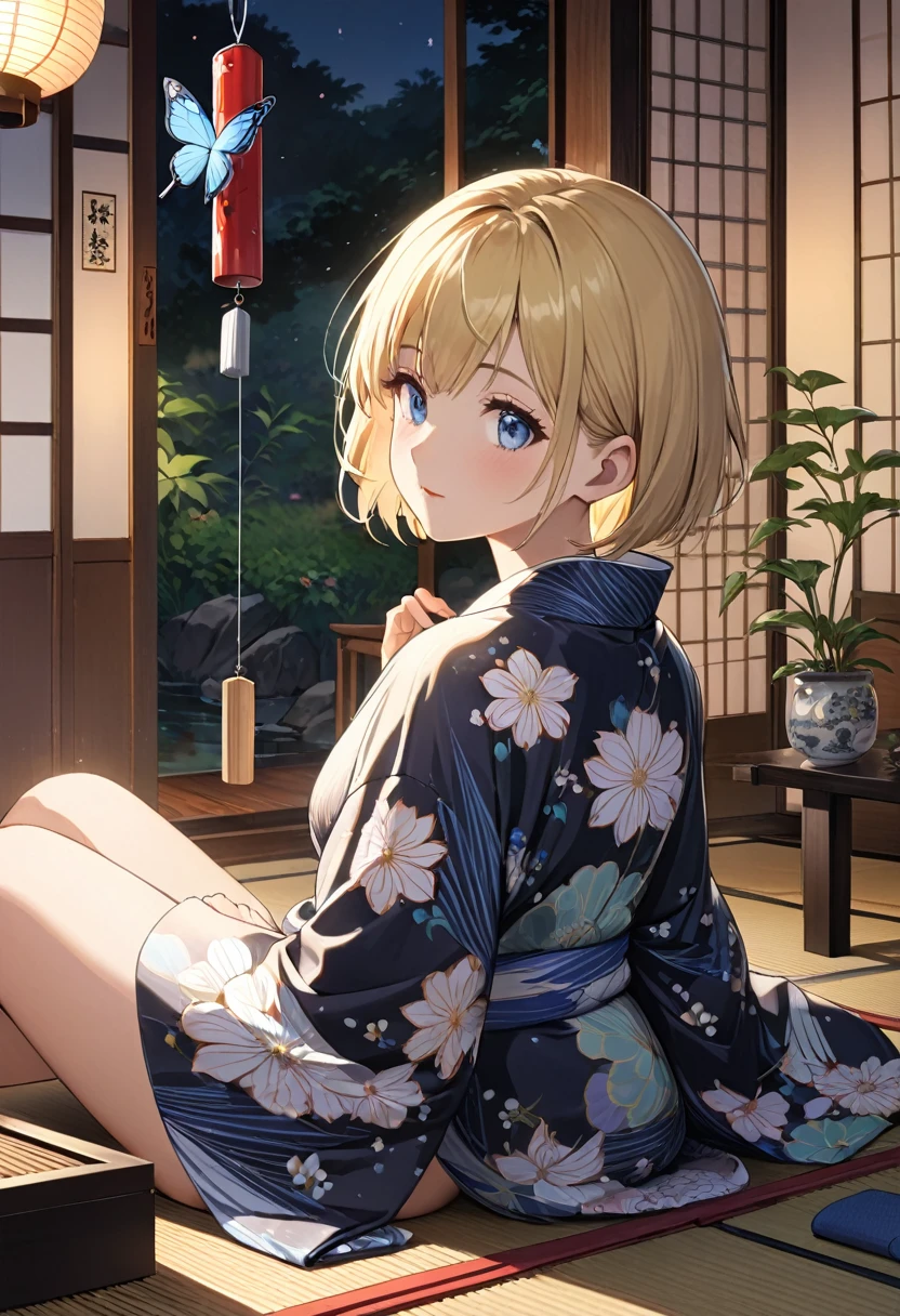 One girl, blonde short hair, wearing a Yukata with a butterfly pattern on a black base,She is relaxing in a Japanese-style room,There is one wind chime in the room,(wind chime is Japanese A summer tradition),(((masterpiece))), (((best quality))), ((ultra-detailed)), (illustration), (detailed light),((an extremely delicate and beautiful)),(beautiful detailed eyes),wide shot