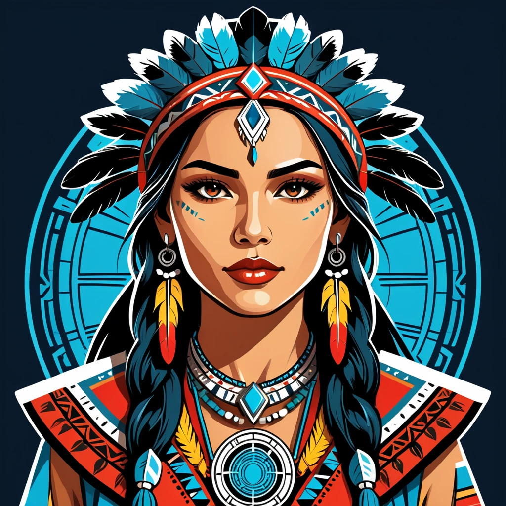 female netrunner in native american folk outfit ,vector graphics, strong contours, logo design