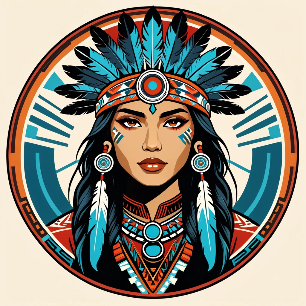female	netrunner	in native american folk outfit	,vector graphics, strong contours, logo design																						