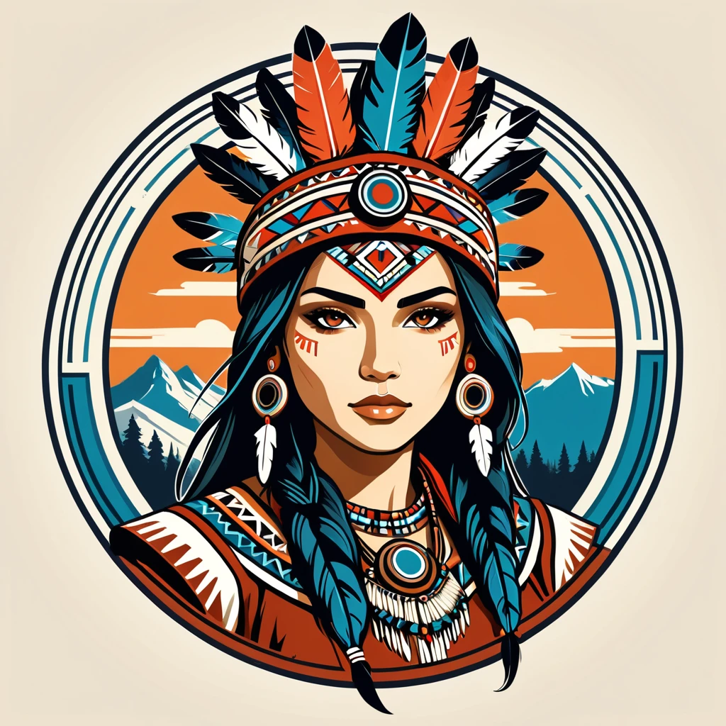 female netrunner in native american folk outfit ,vector graphics, strong contours, logo design