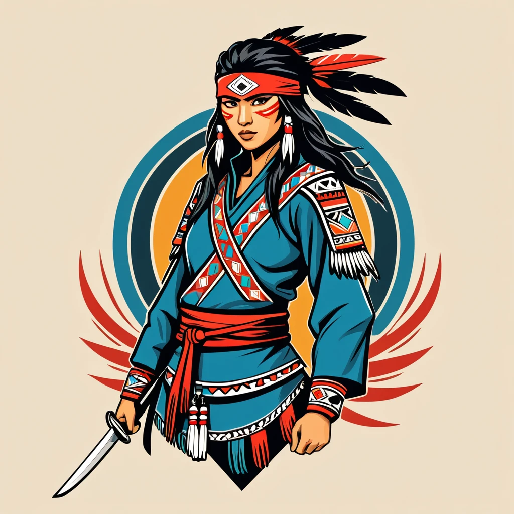 female	ninja	in native american folk outfit	,vector graphics, strong contours, logo design																						