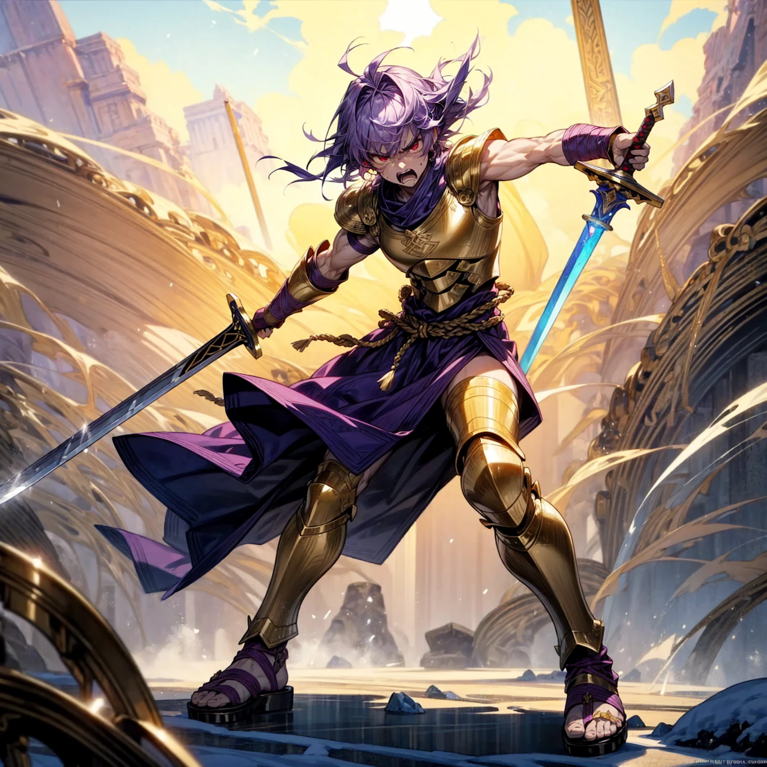 boy, big muscle, Full background in snow Castle, red eyes, angry, angry eyes, short Curly hairstyle, purple colour hair, motion blur, lighting, gold armor, two sword in two hand, sandals, ancient Greek clothing, smoke effect, fire effect, blood on sword, lighting on sword, angry, angry eyes