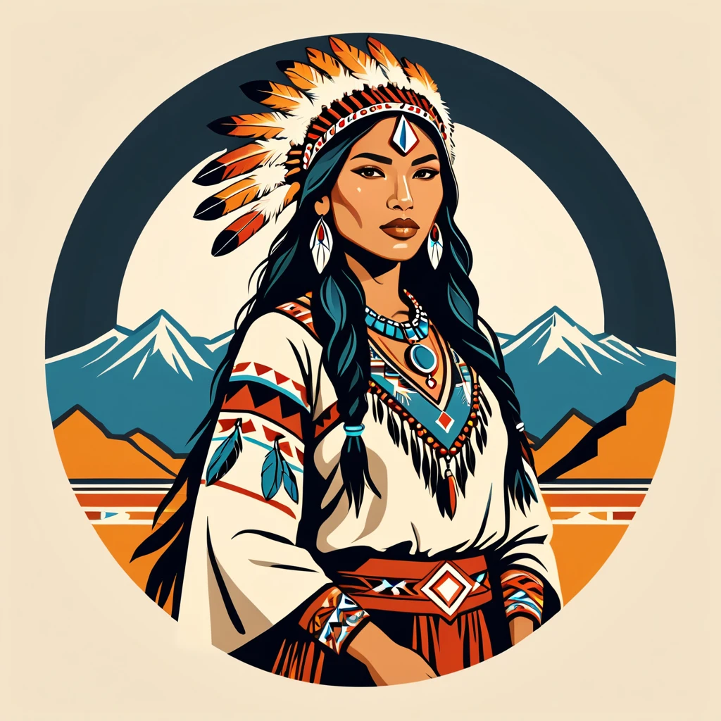 female	nomad	in native american folk outfit	,vector graphics, strong contours, logo design																						