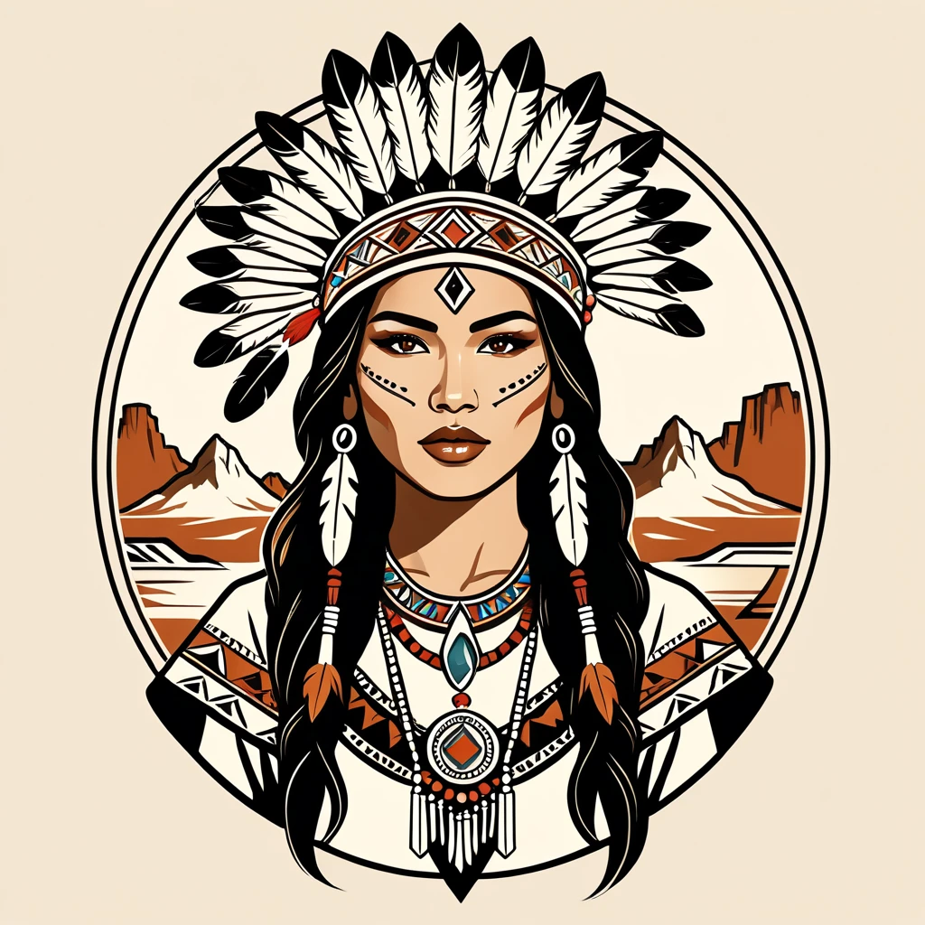 female nomad in native american folk outfit ,vector graphics, strong contours, logo design