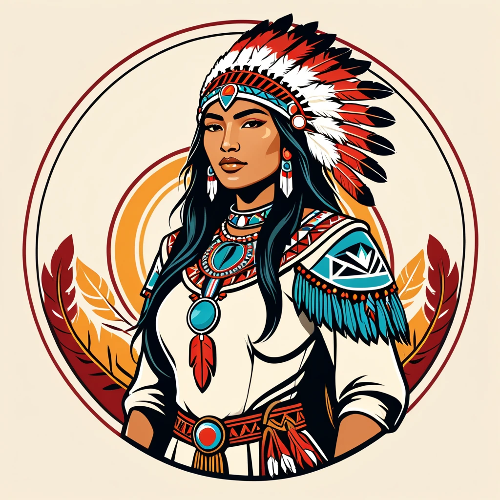 female paladin in native american folk outfit ,vector graphics, strong contours, logo design