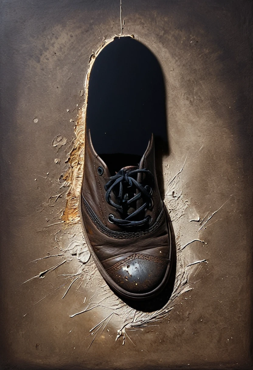 painting of a imprint of a shoe sole on the ground. Inspiration, cinematic scene, volumetric lights, ultra realistic, in the style of nicola samori