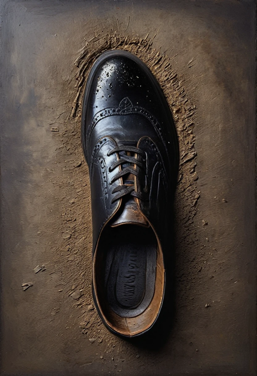 painting of a imprint of a shoe sole on the ground. Inspiration, cinematic scene, volumetric lights, ultra realistic, in the style of nicola samori