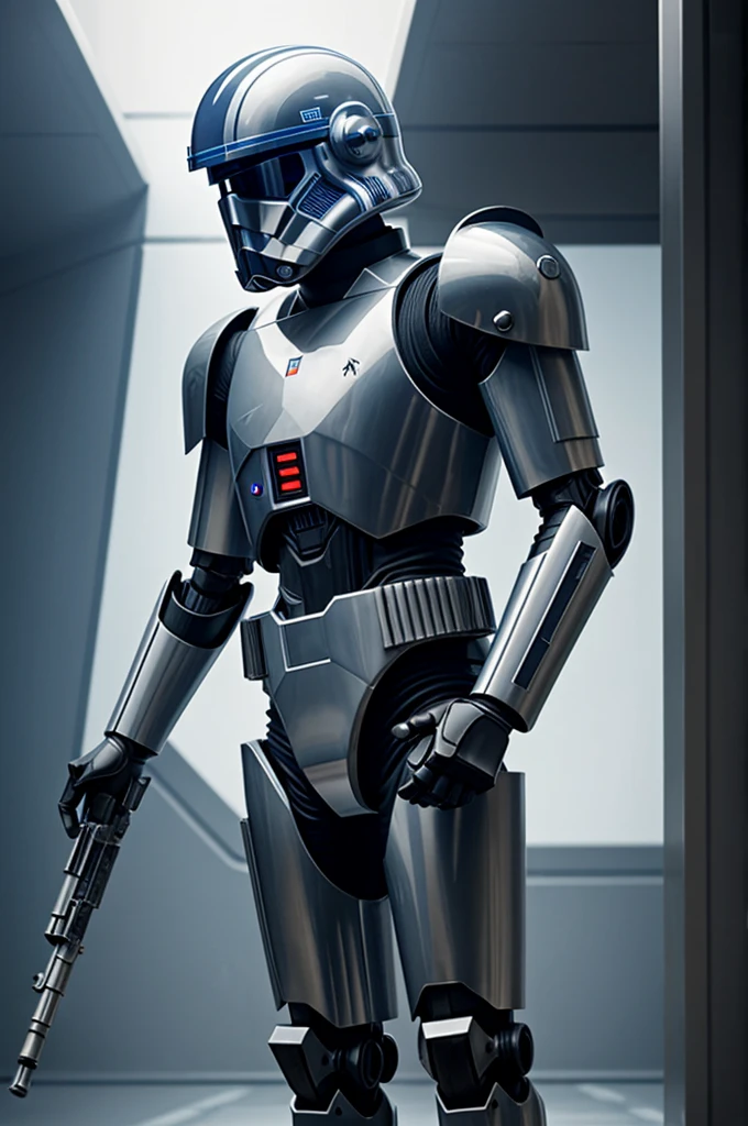A futuristic robot soldier from a Star Wars movie equipped with weapons and a helmet that makes him blind