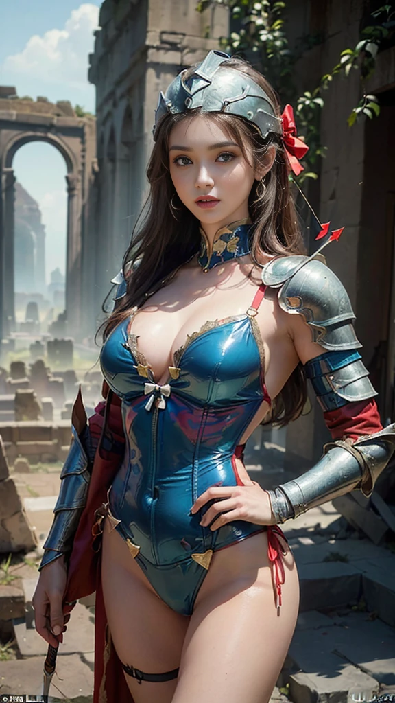((masterpiece:1.4)、(Highest quality:1.4)、(Realistic:1.7))、Masterpiece:1.4、(Top-notch rendering:1.4)、(Beautiful Girl Hero 4:1.4)、A beautiful heroine wandering the city:1.4、(Fantastic ancient city ruins:1.7)、(Boris Vallejo's:1.4、Julie Bell:1.4、Luis Royo:1.4、Frank Frazetta:1.4)、20-year-old、(1 Girl:1.4)、(Red Latex Bodysuit:1.4)、(Black super thong panties:1.4)、(Ultra Ultra Bikini:1.4)、(Sexy red corset:1.4)、(Decorations and costumes symbolizing the hero:1.7)、(Put on armor and helmets:1.7)、(He carries a bow and a case containing several arrows on his back and a spear in his hand.:1.7)、(An outfit that emphasizes beautiful breasts:1.4)、Detailed eyes、Beautiful Eyes、double eyelid、{Long Hair}、Beautiful woman with perfect figure:1.4、Perfect proportions:1.4、(Anatomically correct body shape:1.4)、well-proportioned and beautiful udder、(Beautiful girl with a slim waist:1.4)、(Narrow waist:1.4)、(9-body proportions beautiful girl:1.4)、(A beautiful girl with long legs and a good figure:1.4)、Standing、(Upper body photo:1.4)、(Ancient Heroes' World Fantasy:1.4)、Ruined Old Castle、Megastructures:1.7、Great landscaping、Ancient City Fantasy、Mysterious World、Desolate landscape、Vast ancient dungeon、Photorealistic images、Sharp focus:1.5、Vision:1.7、Draw her as a beautiful girl with a good figure:1.4、Beautiful and well-proportioned hips、Sexy ass、Beautiful feet:1.2、Raw photo、Red lips、Lip Glow、Eyeshadow、Red High Heels、Beautiful face with long face、(choker:1.4、necklace:1.4、Earrings:1.4)、Supermodel:1.4、Nikon SLR D6、Natural light、Lighting technology that creates beautiful expressions、Ideal lighting、(フォトRealistic:1.4)、Raw photo、A beautiful heroine wandering through the ruins of an ancient city:1.4