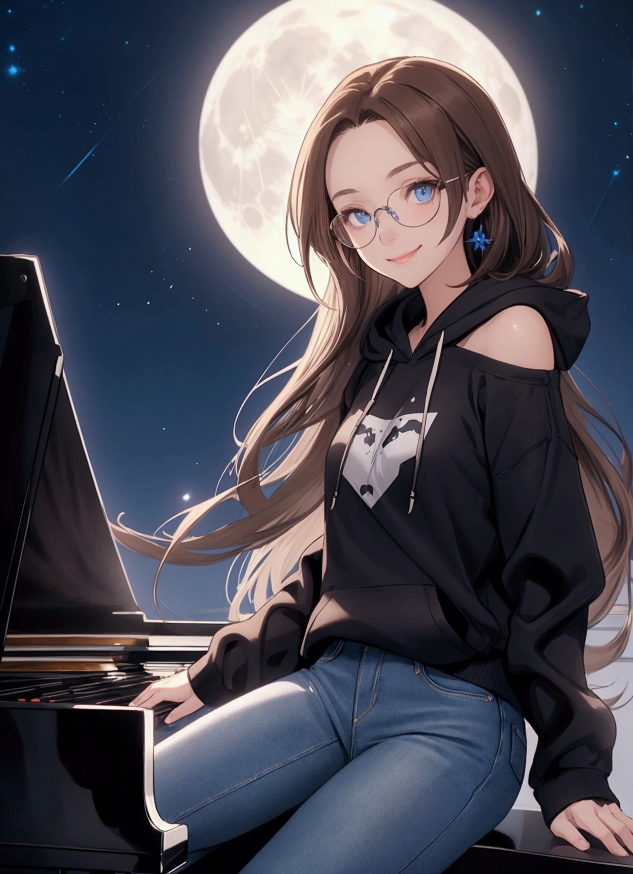 Alone, One person, Anime woman (shoulder length brown hair, blue eyes, black hoodie, jeans, dark framed glasses, clear forehead, smiling) . Sitting on a flowering meadow at night. Glowing musical notes fly around her. A white grand piano stands in the background. Full moon in the night sky.
