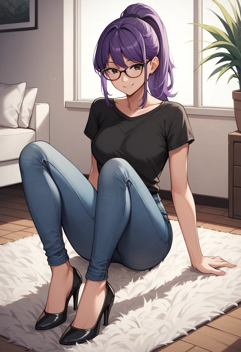 score_9, score_8_up, score_7_up, score_6_up, score_5_up, score_4_up, source_anime, 1girl, sit, smile, glasses, purple hair, ponytail, black eyes, clean hair, black shirt, jeans, black high heels, platforms, room, floor, carpet, best quality, best res, 4K UHD,
 