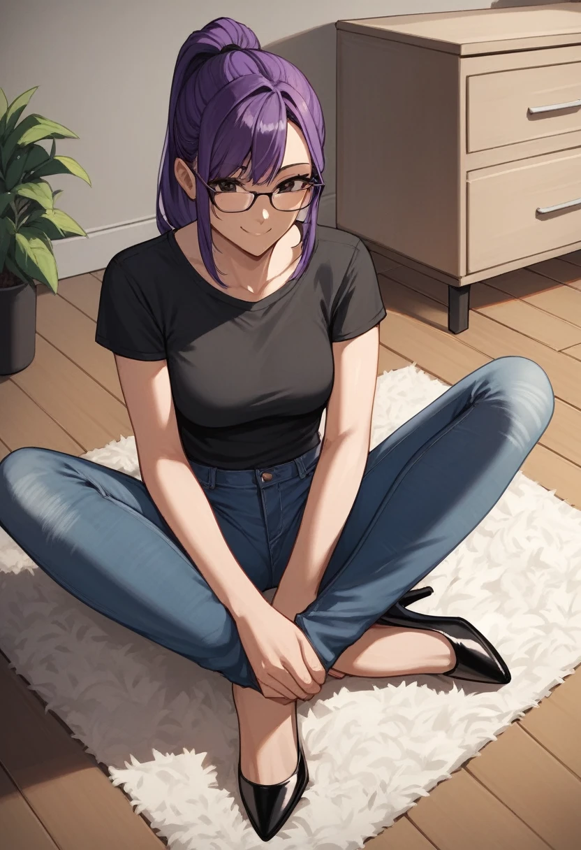 score_9, score_8_up, score_7_up, score_6_up, score_5_up, score_4_up, source_anime, 1girl, sit, smile, glasses, purple hair, ponytail, black eyes, clean hair, black shirt, jeans, black high heels, platforms, room, floor, carpet, best quality, best res, 4K UHD,
