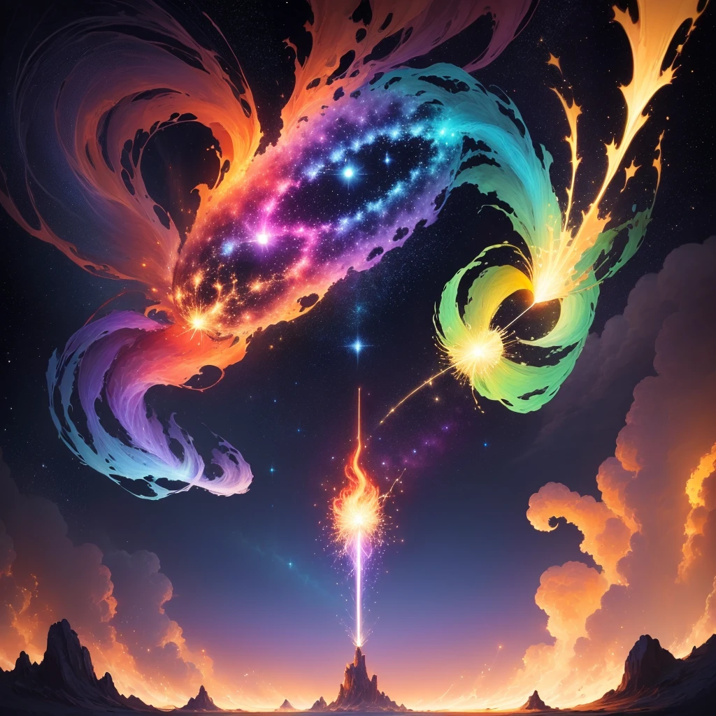 Primordial Spark: A solitary spark of light floating in the infinite void, radiating vibrant colors and marking the beginning of the universe.