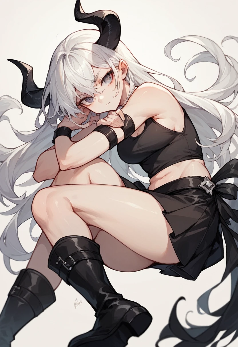 Anime best quality White girl, LONG white hair, black tank top, Black Skirt, black high boots, black armbands , black horns