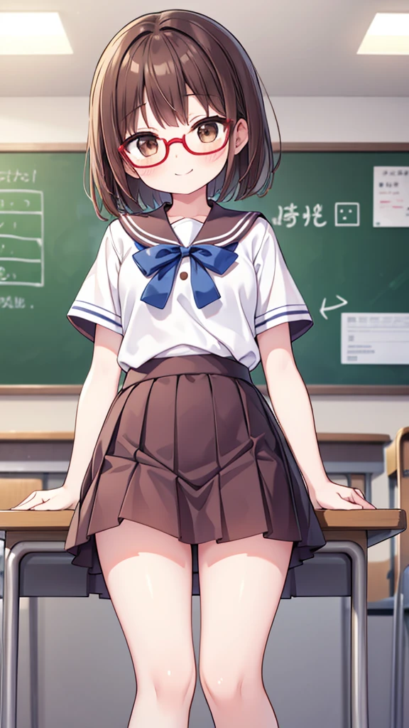 Comical movement、fun、comical smile、Shynesischief、Expectations、surprise、Shyness、School、classroom、pretty girl , Shooting from below, One Girl, Brown Hair、Very short hairstyle, Brown eyes、Red frame glasses、Short sleeve white blouse, Navy Blue Skirt, Navy blue socks, Brown Loafers, White panties、in nichijo style、Simple illustration、Masterpiece