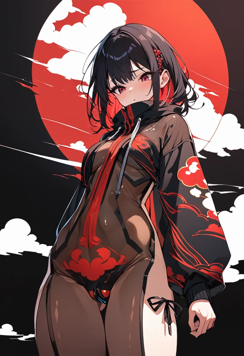 Red Cloud,Girl with red cloud motif,sexy,Accentuated body lines,Pitch black background,Ultra see-through Japanese style hoodie,(A body line where clothes are visible),See-through inner,Angle from below,Accentuated crotch