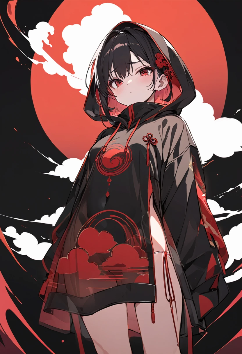 Red Cloud,Girl with red cloud motif,sexy,Accentuated body lines,Pitch black background,Ultra see-through Japanese style hoodie,(A body line where clothes are visible),See-through inner,Angle from below,Accentuated crotch