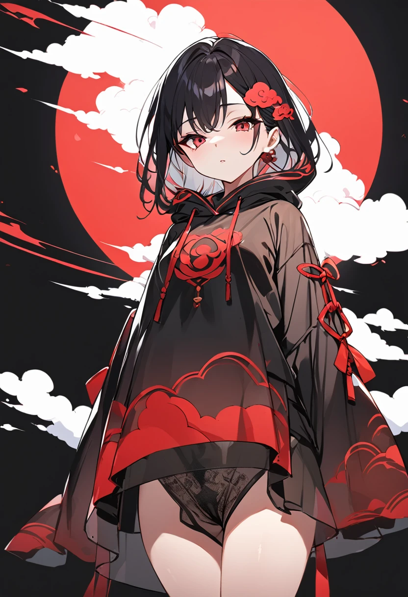 Red Cloud,Girl with red cloud motif,sexy,Accentuated body lines,Pitch black background,Ultra see-through Japanese style hoodie,(A body line where clothes are visible),See-through inner,Angle from below,Accentuated crotch
