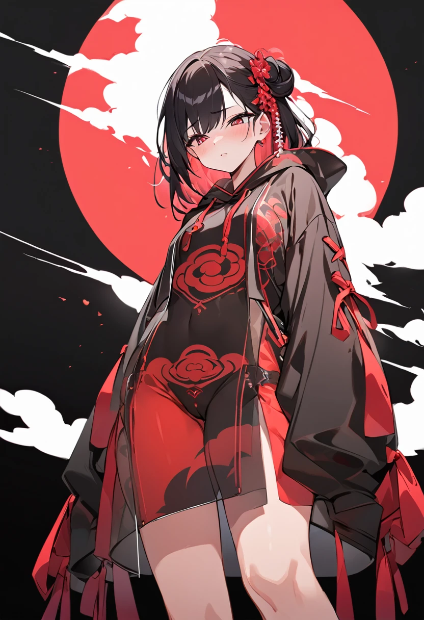Red Cloud,Girl with red cloud motif,sexy,Accentuated body lines,Pitch black background,Ultra see-through Japanese style hoodie,(A body line where clothes are visible),See-through inner,Angle from below,Accentuated crotch