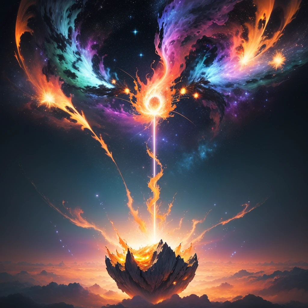 Primordial Spark: A solitary spark of light floating in the infinite void, radiating vibrant colors and marking the beginning of the universe.