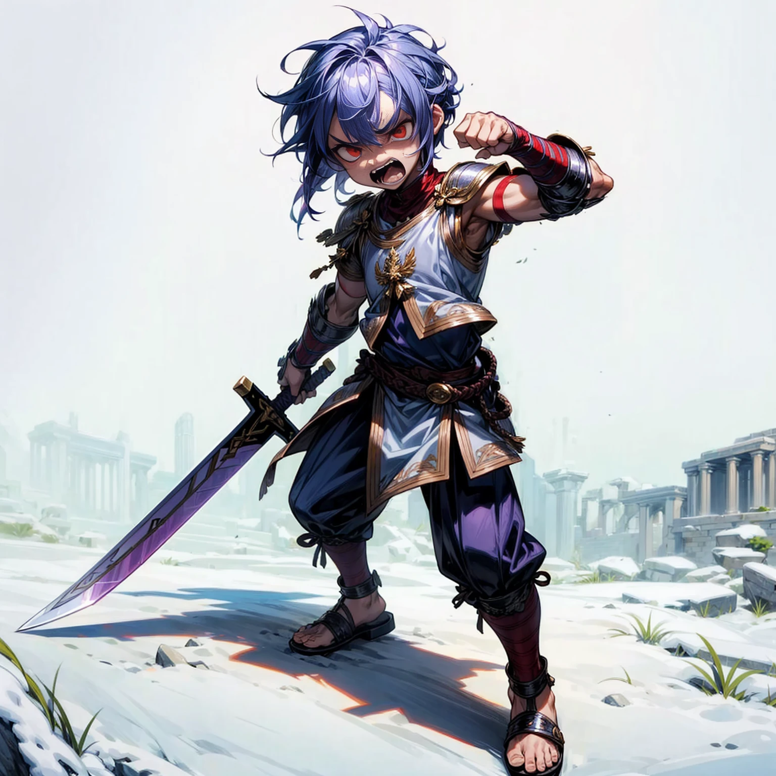 ??? Boy, muscle, Full background in snow Castle, red eyes, angry, angry eyes, short Curly hairstyle, purple colour hair, motion blur, lighting, gold armor, sword in hand, sandals, ancient Greek clothing, smoke effect, angry, angry eyes