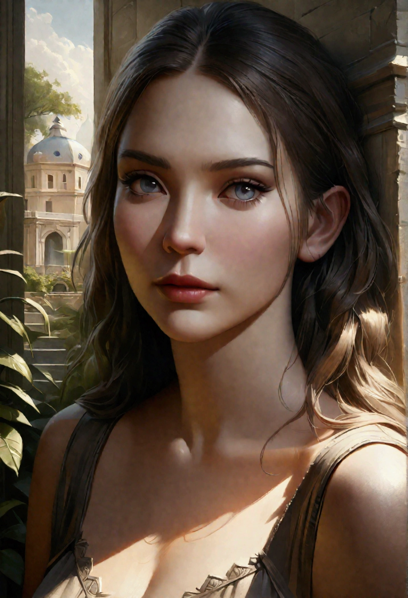 a beautiful young woman and man in a lush, idyllic garden, (best quality,4k,8k,highres,masterpiece:1.2),ultra-detailed,(realistic,photorealistic,photo-realistic:1.37),extremely detailed eyes and face,longeyelashes,beautiful detailed lips,beautiful detailed eyes,dramatic lighting,moody atmosphere,somber mood,melancholy expression,Adam and Eve,paradise garden,forbidden fruit,dramatic sky,biblical,renaissance art style,cinematic composition,chiaroscuro lighting,muted color palette,dramatic shadows