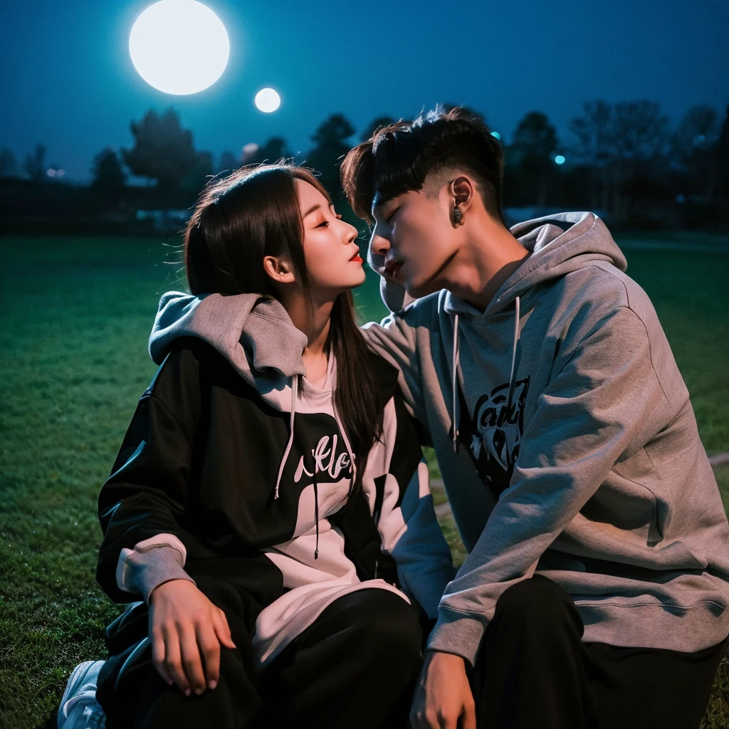 A pair of lovers, (23) years old (korea), Man wearing a clothes, Girl wearing a hoodies. Man kiss girl's lips, hug pose, beautifull night, moon, sky, park light, aesthetic, sharp, photography, HD.