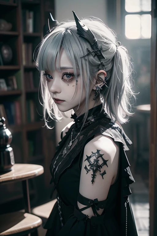 (Photorealistic:1.4, Tabletop:1..3, 8k), (masterpiece, Ultra-high resolution, Highest quality、8k、masterpiece:1.3)、White Gothic Punk、Full Body Shot、(Red Eyes)、The inside color is white、White hair、hair ornaments、Beautiful girl、creative、Dark Fantasy Style、White Neo-Goth、White Goth Fashion:1.2、(Look straight into the camera:1,5)、The background is the library、((Highly detailed skin and facial textures:1.3, Ultra detailed face, Detailed arms, Beautiful attention to detail))、Mr.々poses shooting photos