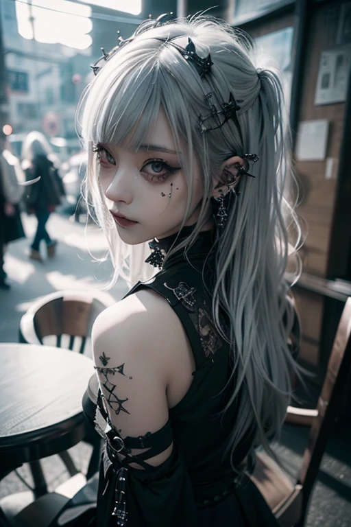 (Photorealistic:1.4, Tabletop:1..3, 8k), （masterpiece, Ultra-high resolution, Highest quality、8k、masterpiece：1.3）、White Gothic Punk、Full Body Shot、（Red Eyes）、The inside color is white、White hair、hair ornaments、Beautiful girl、creative、Dark Fantasy Style、White Neo-Goth、White Goth Fashion：1.2、（Look straight into the camera：1,5）、The background is the library、((Highly detailed skin and facial textures:1.3, Ultra detailed face, Detailed arms, Beautiful attention to detail))、Mr.々poses shooting photos
