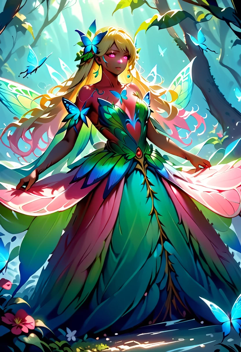 a picture of a jungle fairy, an extraordinary beautiful, elegant beauty, divine beautiful fairy, ((anatomically correct: 1.5)) spread (blue and green butterfly wings: 1.3), colorful wings, pink eyes, glowing eyes, ultra detailed face, best detailed face, blond hair, rich hair, wavy hair, glamour dress, wild dress, dress decorated with jungle flowers, sitting on massive heliconia tree the rain forest, sun rays coming through the trees, Hyperrealism style, vibrant, Ultra-high resolution, High Contrast, (masterpiece:1.5), highest quality, Best aesthetics), best details, best quality, highres, ultra wide angle, 16k, [ultra detailed], masterpiece, best quality, (extremely detailed) RAW, Cinematic Hollywood Film style, FairyTaleAI, fairy wings, flower, 