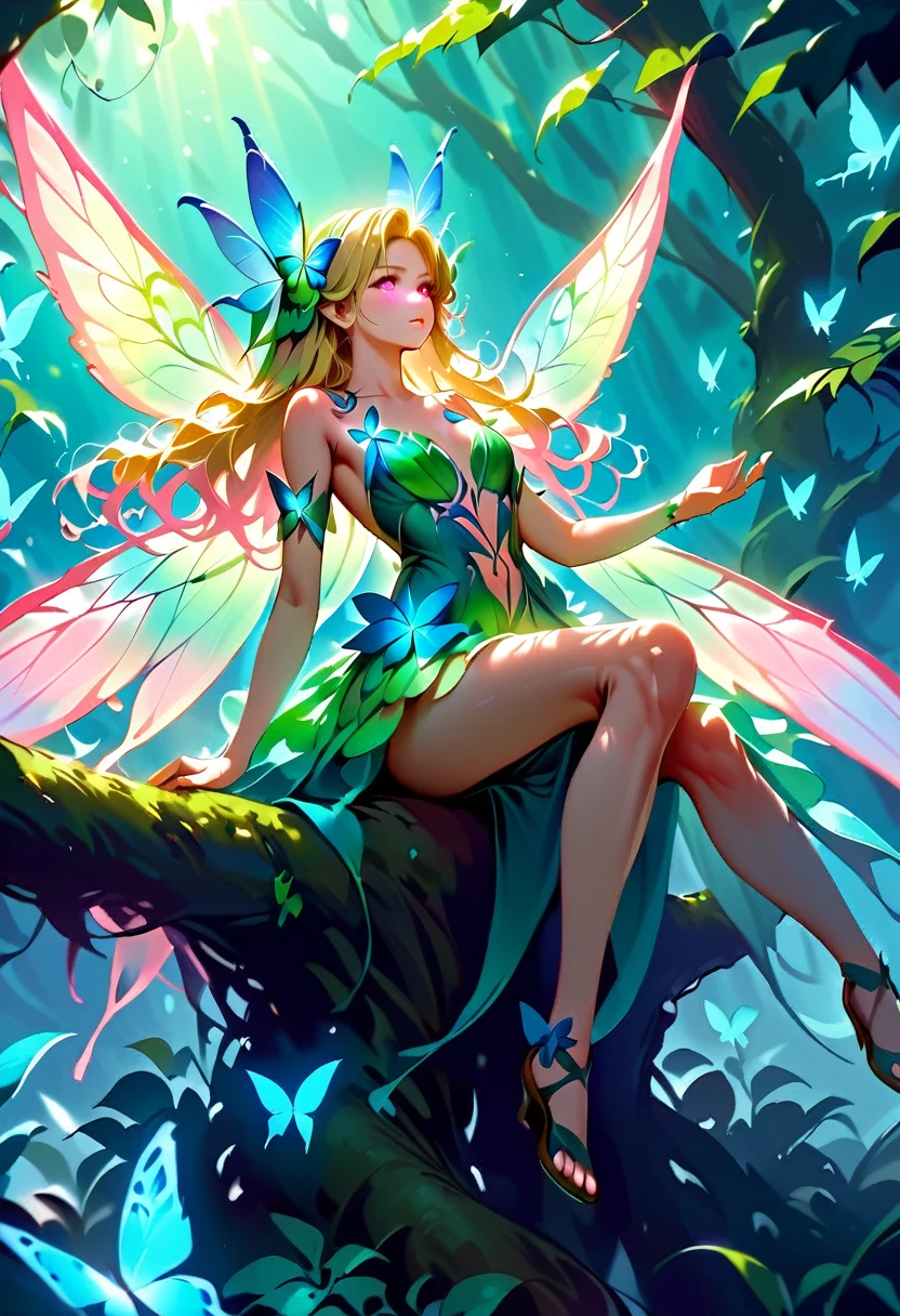 a picture of a jungle fairy, an extraordinary beautiful, elegant beauty, divine beautiful fairy, ((anatomically correct: 1.5)) spread (blue and green butterfly wings: 1.3), colorful wings, pink eyes, glowing eyes, ultra detailed face, best detailed face, blond hair, rich hair, wavy hair, glamour dress, wild dress, dress decorated with jungle flowers, sitting on massive heliconia tree the rain forest, sun rays coming through the trees, Hyperrealism style, vibrant, Ultra-high resolution, High Contrast, (masterpiece:1.5), highest quality, Best aesthetics), best details, best quality, highres, ultra wide angle, 16k, [ultra detailed], masterpiece, best quality, (extremely detailed) RAW, Cinematic Hollywood Film style, FairyTaleAI, fairy wings, flower, 