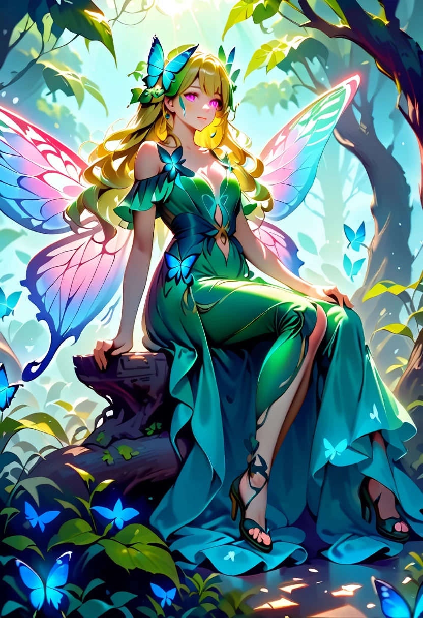 a picture of a jungle fairy, an extraordinary beautiful, elegant beauty, divine beautiful fairy, ((anatomically correct: 1.5)) spread (blue and green butterfly wings: 1.3), colorful wings, pink eyes, glowing eyes, ultra detailed face, best detailed face, blond hair, rich hair, wavy hair, glamour dress, wild dress, dress decorated with jungle flowers, sitting on massive heliconia tree the rain forest, sun rays coming through the trees, Hyperrealism style, vibrant, Ultra-high resolution, High Contrast, (masterpiece:1.5), highest quality, Best aesthetics), best details, best quality, highres, ultra wide angle, 16k, [ultra detailed], masterpiece, best quality, (extremely detailed) RAW, Cinematic Hollywood Film style, FairyTaleAI, fairy wings, flower, 