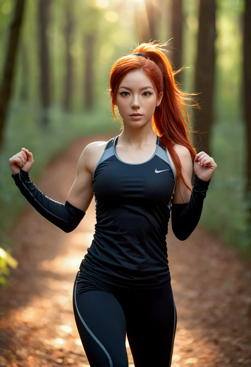 ultra realistic, photography, long red hair, girl, 24 years old, hourglass figure, perfect body, Flirty look, extremely detailed artgerm, in the style artgerm, facing the camera, lens 35 mm, blur background, in the woods, stretching, warming up, jogging outfit, hair in a ponytail, full body picture, early morning, sun dawn, sun rising