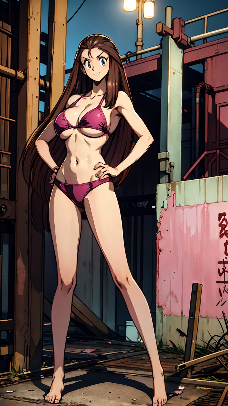 Masterpiece, best quality, Masterpiece, best quality, 1 woman, brown hair , sly face , smile , pink bikini , big breasts , abdomen , Long legs , Put your hands on your hips.. , Barefoot , full body , abandoned factory , at night