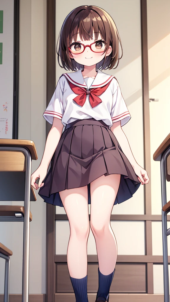 Comical movement、fun、comical smile、Shynesischief、Expectations、surprise、Shyness、School、classroom、pretty girl , Shooting from below, One Girl, Brown Hair、Very short hairstyle, Brown eyes、Red frame glasses、Short sleeve white blouse, Navy Blue Skirt, Navy blue socks, Brown Loafers、in nichijo style、Simple　illustration、Masterpiece
