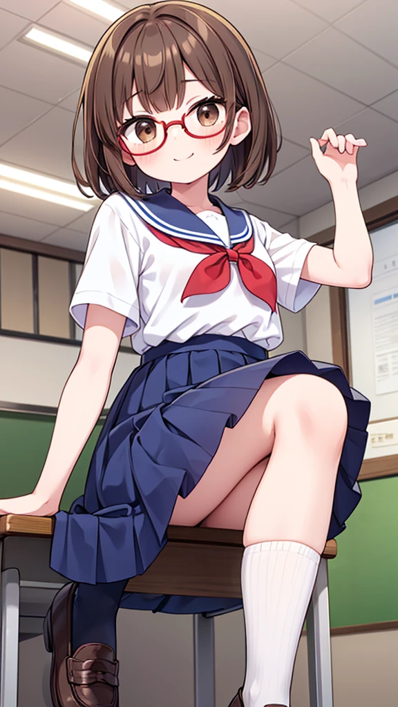 Comical movement、fun、comical smile、Shynesischief、Expectations、surprise、Shyness、School、classroom、pretty girl , Shooting from below, One Girl, Brown Hair、Very short hairstyle, Brown eyes、Red frame glasses、Short sleeve white blouse, Navy Blue Skirt, Navy blue socks, Brown Loafers、in nichijo style、Simple　illustration、Masterpiece
