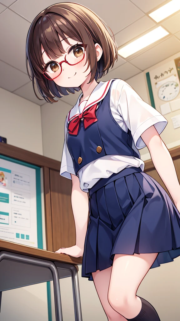 Comical movement、fun、comical smile、Shynesischief、Expectations、surprise、Shyness、School、classroom、pretty girl , Shooting from below, One Girl, Brown Hair、Very short hairstyle, Brown eyes、Red frame glasses、Short sleeve white blouse, Navy Blue Skirt, Navy blue socks, Brown Loafers、in nichijo style、Simple illustration、Masterpiece