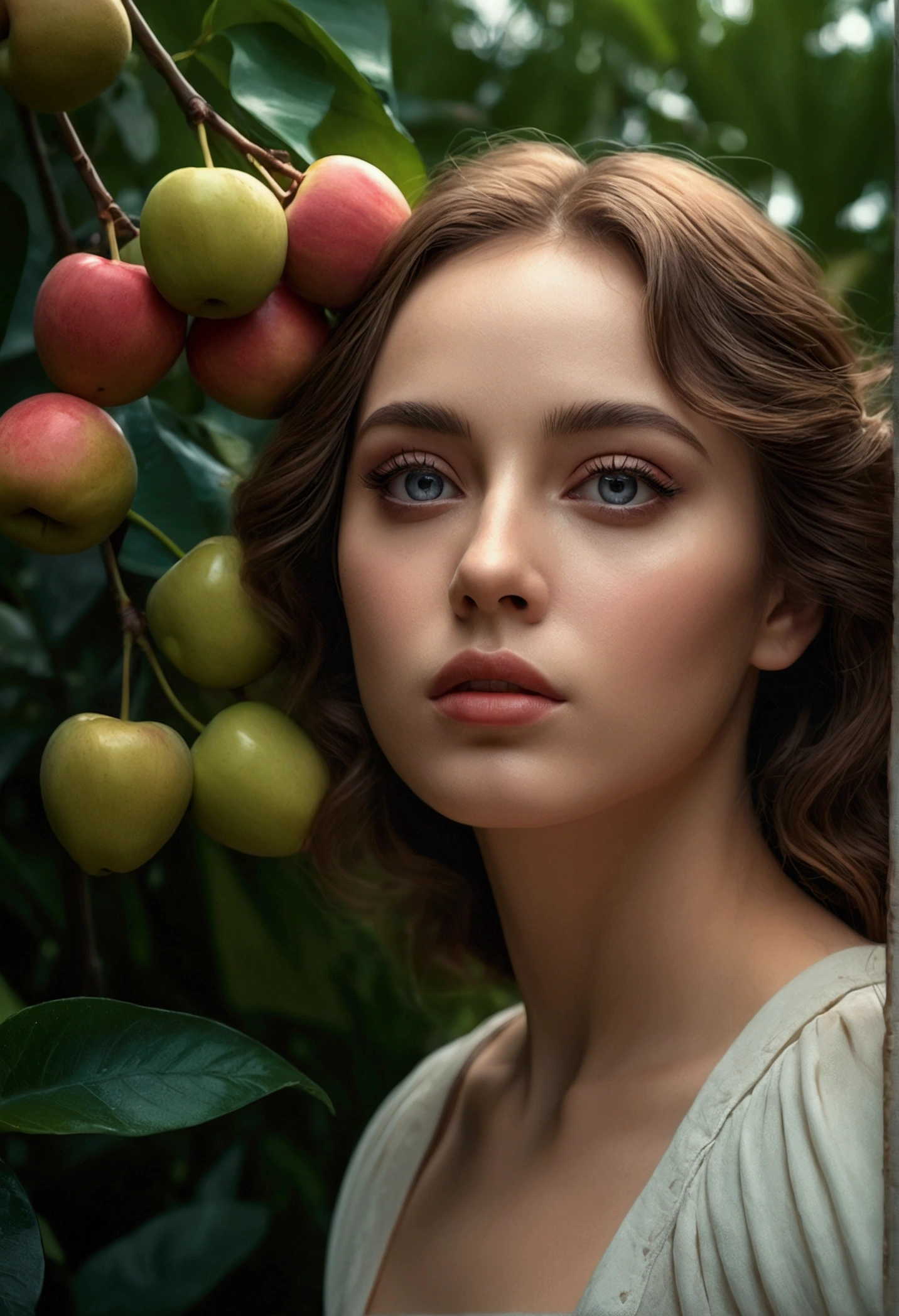 a beautiful young woman and man in a lush, idyllic garden, (best quality,4k,8k,highres,masterpiece:1.2),ultra-detailed,(realistic,photorealistic,photo-realistic:1.37),extremely detailed eyes and face,longeyelashes,beautiful detailed lips,beautiful detailed eyes,dramatic lighting,moody atmosphere,somber mood,melancholy expression,Adam and Eve,paradise garden,forbidden fruit,dramatic sky,biblical,renaissance art style,cinematic composition,chiaroscuro lighting,muted color palette,dramatic shadows
