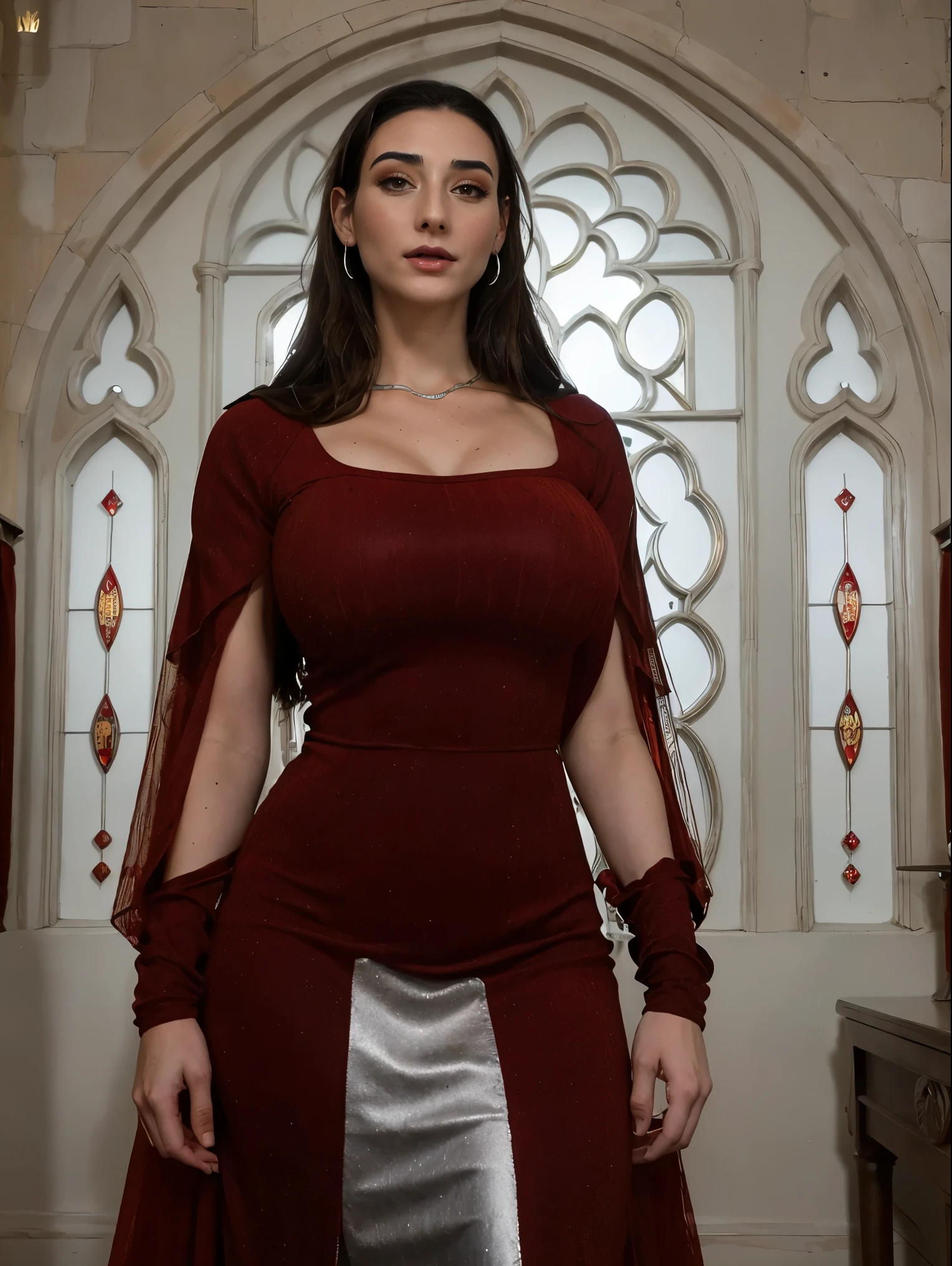 Gorgeous and sultry busty athletic (thin) brunette queen with sharp facial features wearing a dark red medieval dress, long sleeves, wide neck, crown, veil, long dress, modest dress, tight bodice, silver waist chain, medieval jewelry, Middle Ages, castle, rampart, wall, stained glass
