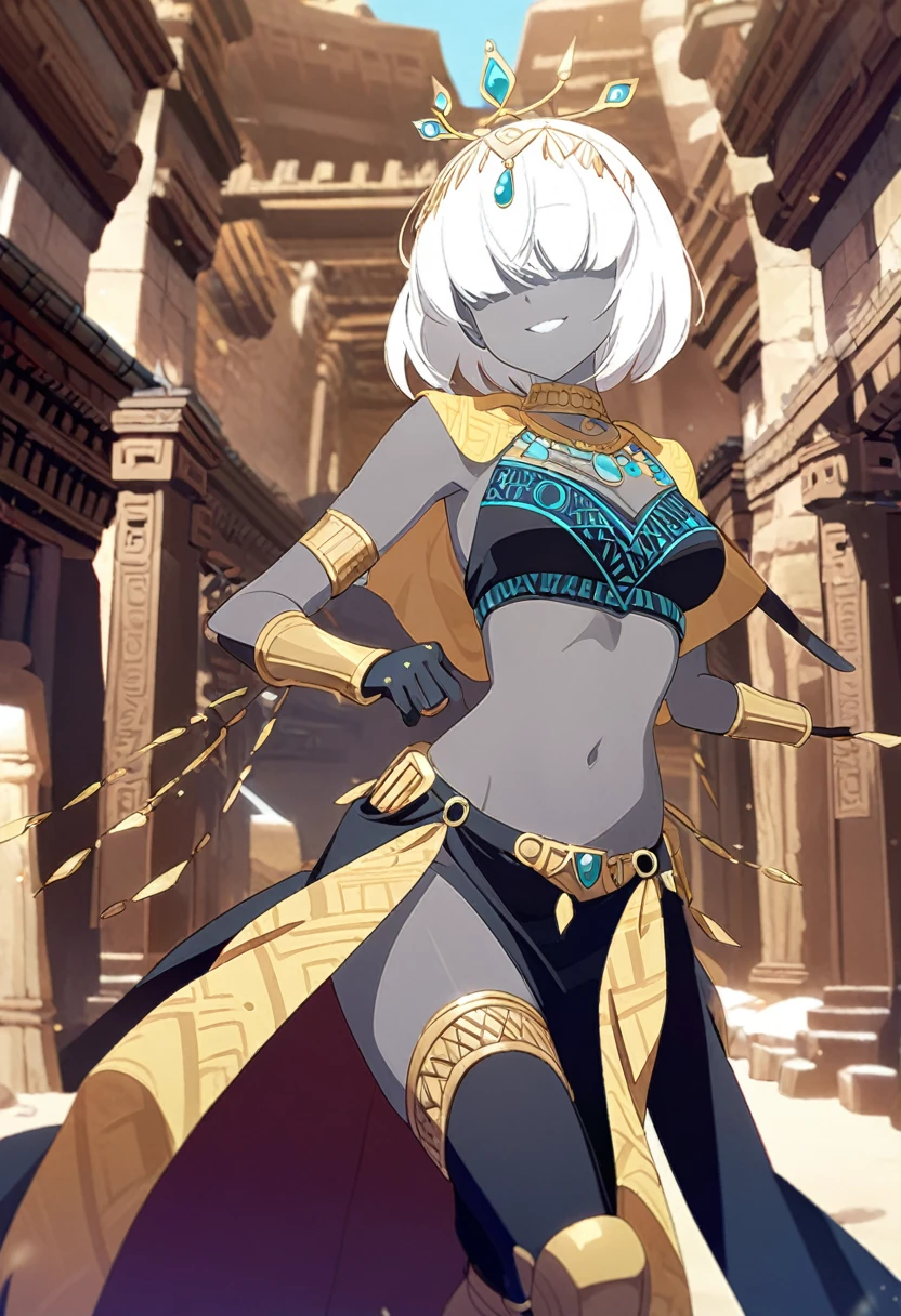 1girl, gold rings, jewelry, necklacke, white hair, very short hair, hair over eyes, grey skin, aqua eyes, black tribal clothing, sleeveless, navel, yellow veil around the arms, turquoise tiara, tribal tiara, smile, ancient temple, prosthetic legs, (masterpiece), best quality, anime style, fullbody
