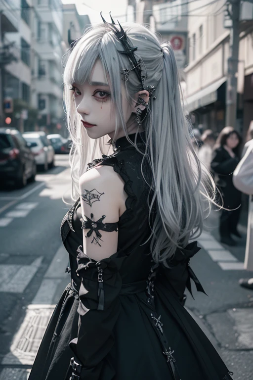 (Photorealistic:1.4, Tabletop:1..3, 8k), (masterpiece, Ultra-high resolution, Highest quality、8k、masterpiece:1.3)、White Gothic Punk、Full Body Shot、(Red Eyes)、The inside color is white、White hair、hair ornaments、Beautiful girl、creative、Dark Fantasy Style、White Neo-Goth、White Goth Fashion:1.2、(Look straight into the camera:1,5)、The background is the library、((Highly detailed skin and facial textures:1.3, Ultra detailed face, Detailed arms, Beautiful attention to detail))、Mr.々poses shooting photos