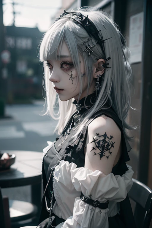 (Photorealistic:1.4, Tabletop:1..3, 8k), (masterpiece, Ultra-high resolution, Highest quality、8k、masterpiece:1.3)、White Gothic Punk、Full Body Shot、(Red Eyes)、The inside color is white、White hair、hair ornaments、Beautiful girl、creative、Dark Fantasy Style、White Neo-Goth、White Goth Fashion:1.2、(Look straight into the camera:1,5)、The background is the library、((Highly detailed skin and facial textures:1.3, Ultra detailed face, Detailed arms, Beautiful attention to detail))、Mr.々poses shooting photos