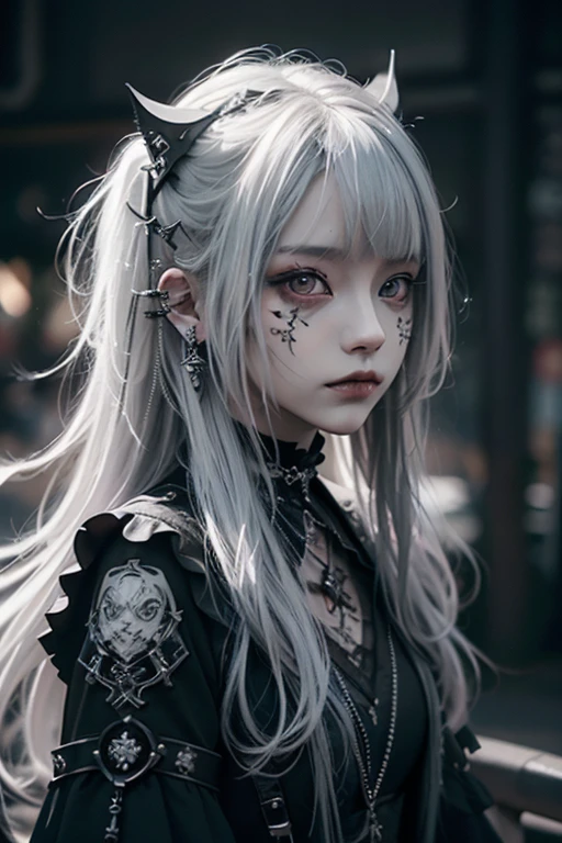 (Photorealistic:1.4, Tabletop:1..3, 8k), （masterpiece, Ultra-high resolution, Highest quality、8k、masterpiece：1.3）、White Gothic Punk、Full Body Shot、（Red Eyes）、The inside color is white、White hair、hair ornaments、Beautiful girl、creative、Dark Fantasy Style、White Neo-Goth、White Goth Fashion：1.2、（Look straight into the camera：1,5）、The background is the library、((Highly detailed skin and facial textures:1.3, Ultra detailed face, Detailed arms, Beautiful attention to detail))、Mr.々poses shooting photos