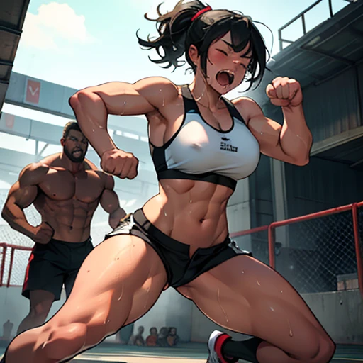 two person. a man and a girl is fighting in a ring. a man is punching bloody pretty young japanese girl fighter so hard. her belly is his fist. she is crying and screaming. she is beated down. she is groggy. she has short-cut black hair, shortness of breath, drool from her mouth, closed eye, exhaustion, and sweat soaked. sports-bra. bikini-shorts. open finger grobe. full body. Super big tits. Very thick arms and thighs. Heavyweight. Muscularity. Six pack abs. Erect nipples.