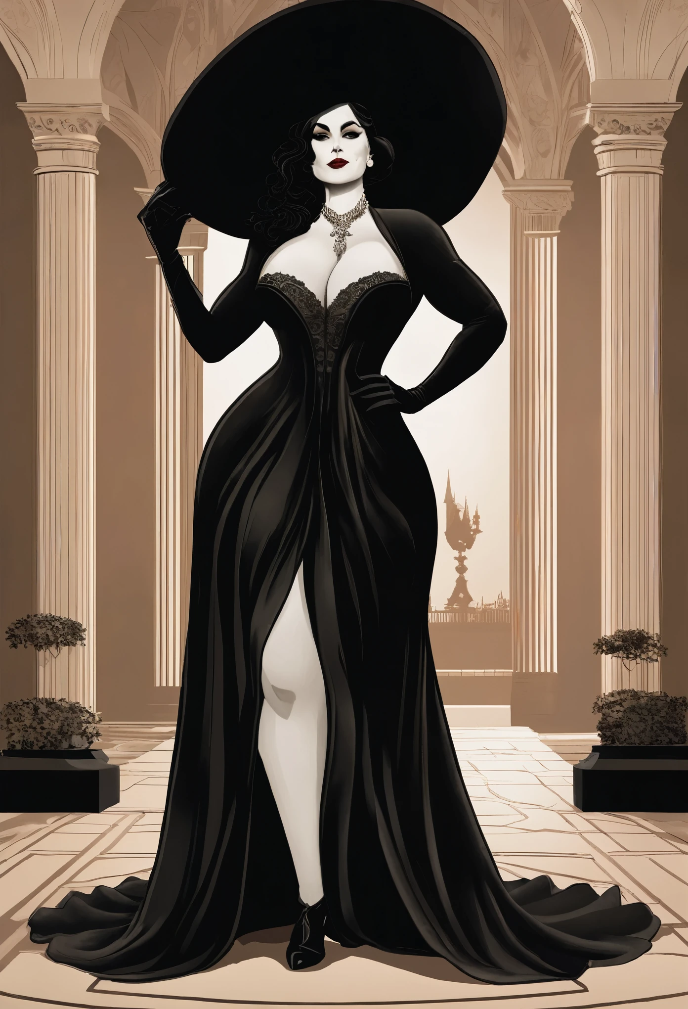 "Create a stylized illustration of Lady Dimitrescu exuding elegance and confidence in a grand, gothic setting, emphasizing her tall stature and full figure without any nudity.", wide body, massive breast, wide hips, heavy physique, heavy figure, voluptuous body,
