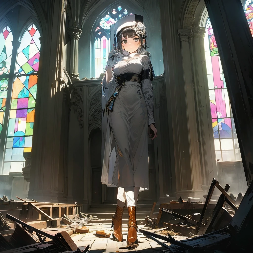 (solo), 1 skinny nun, sheer black nun's robe, large breasts, BREAK, black short hair, long sidelocks, black eyes, BREAK, short torso, skinny waist, skinny long legs, BREAK, old rotten church, devastated ruin, stained glass